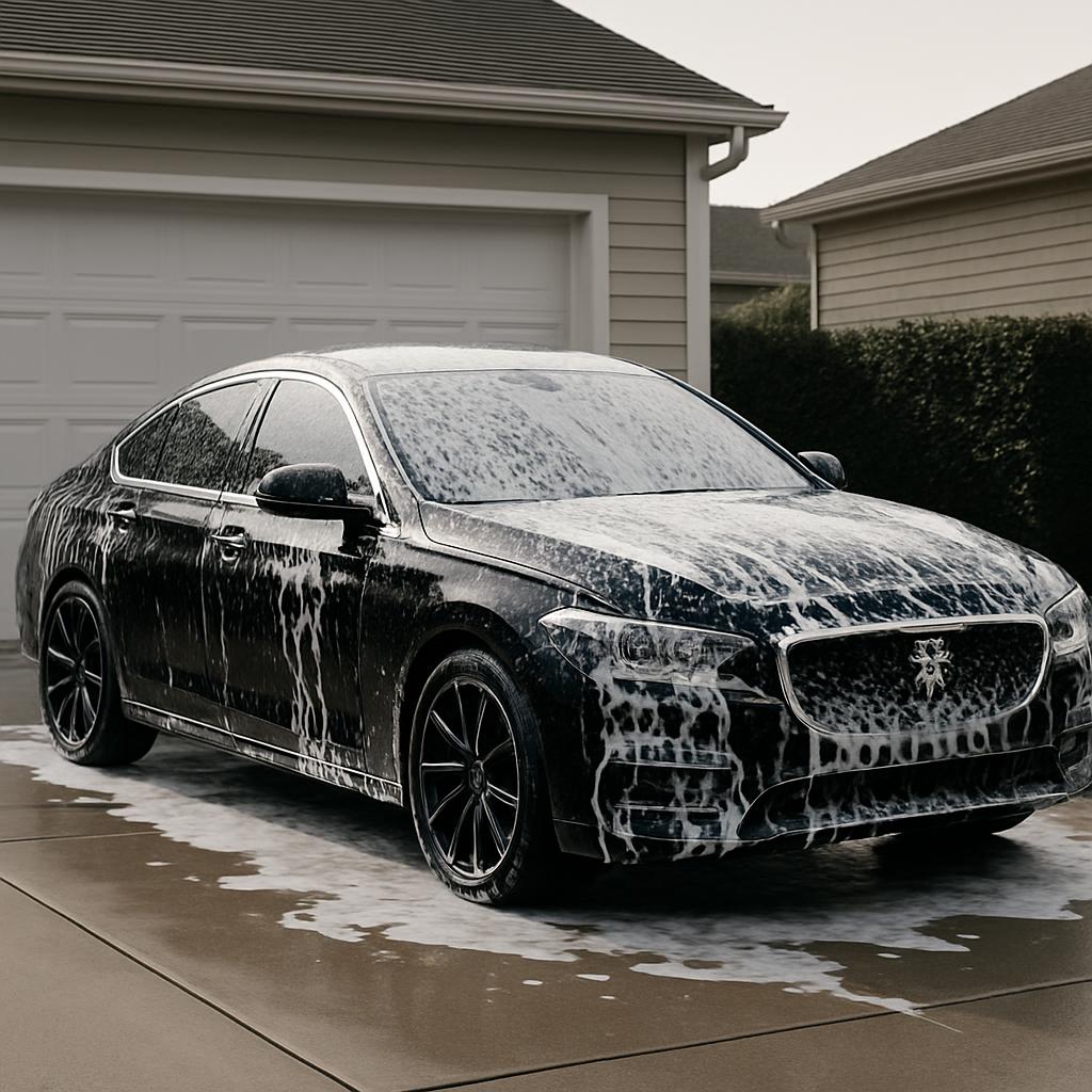 A black Peugeot luxury car covered in a layer of soap, with a hefty layer of soap suds coating everything except the windo...