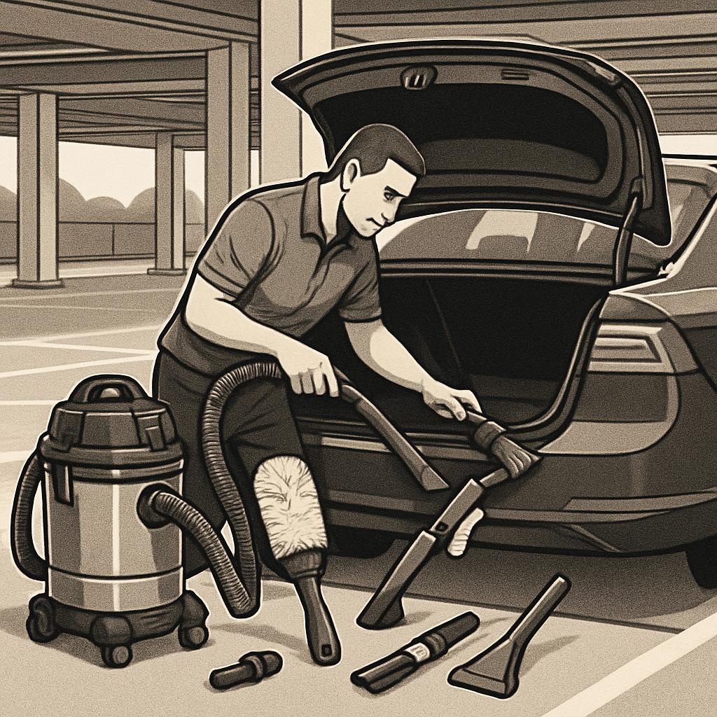 A man is shown utilizing a 'vacuum cleaner' to remove debris from the trunk of an automobile. Note that he is simultaneous...