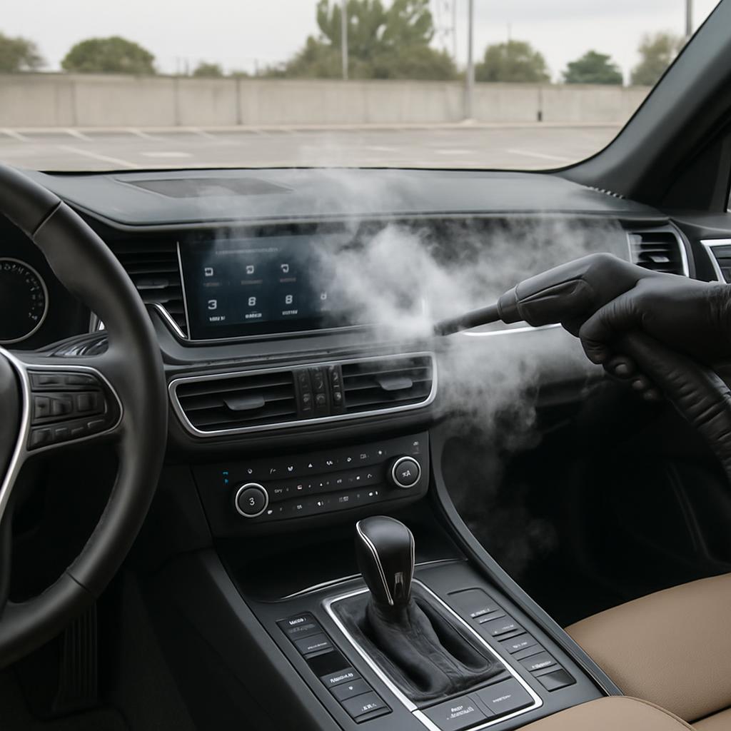 The car's interior is being sanitized with a handheld device. A person wearing a black glove is operating the device from ...