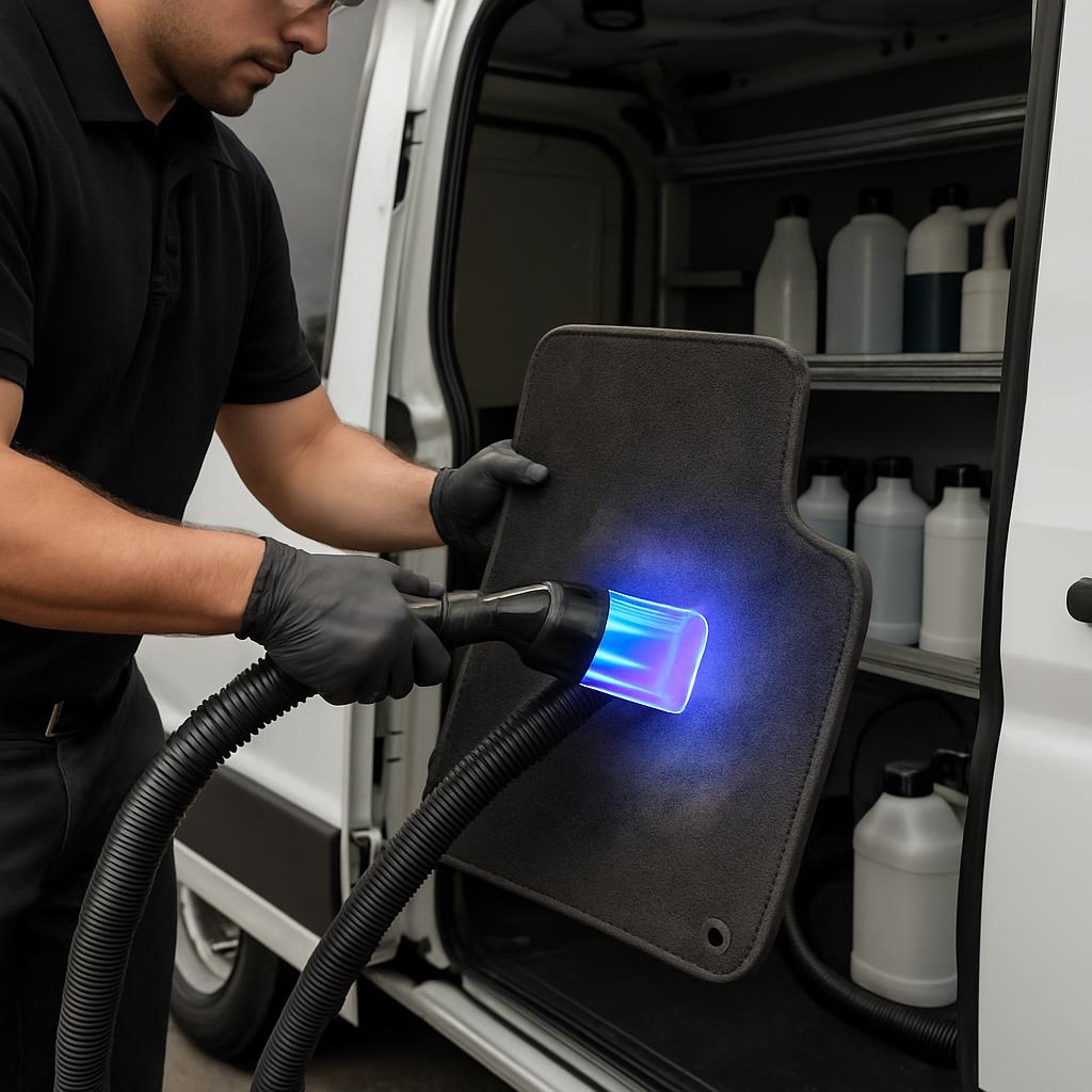 A man in a black shirt and pants, wearing gloves and holding a vacuum cleaner with a blue light attached to the end, is sh...