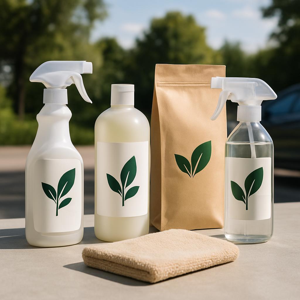 A collection of cleaning products, including spray bottles and a cloth, sit on a table outside. The products are neatly ar...