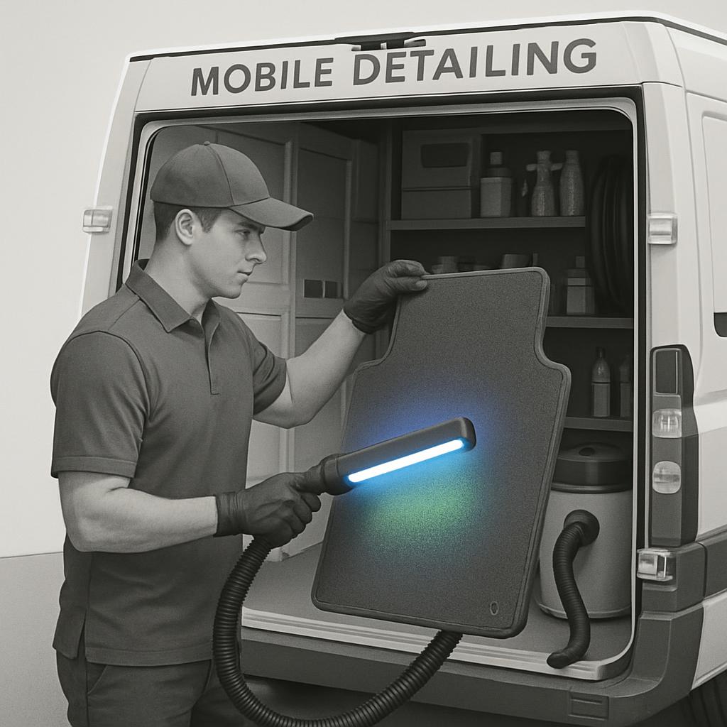 A man in a uniform holding a special light and cleaning a mat. The man is standing to the left of an open van that reads '...